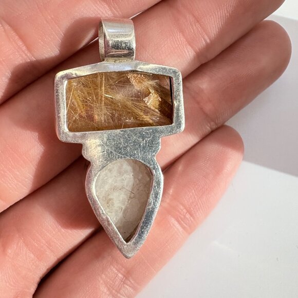 VTG Sterling Silver 925 Rutilated Quartz Bezel Set Pendant Size 1.75" Length - Picture 9 of 12